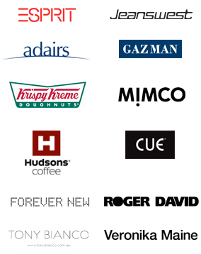 Esprit, Jeanswest, Adairs, Gazman, KrispyKreme, Mimco, Hudsons Coffee, Cue, Forever New, Roger David, Tony Bianco, Veronika Maine